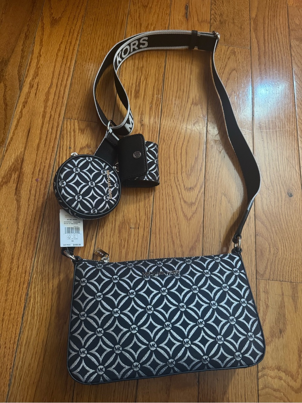 Michael Kors Black & White Jacquard Crossbody with Detachable Coin Pouch